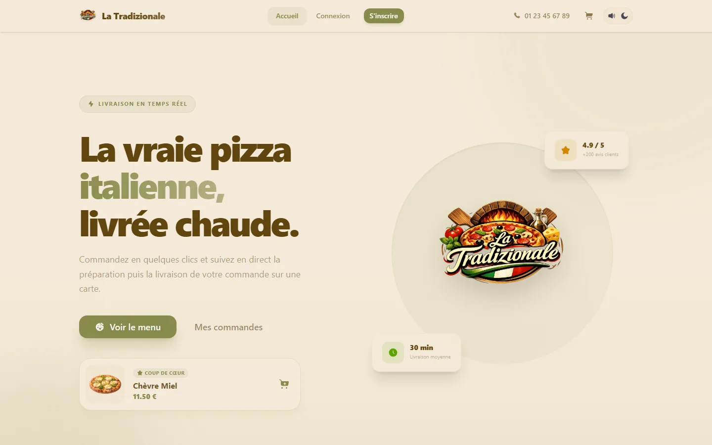 Page d'accueil de La Tradizionale : commande de pizzas et livraison en temps réel