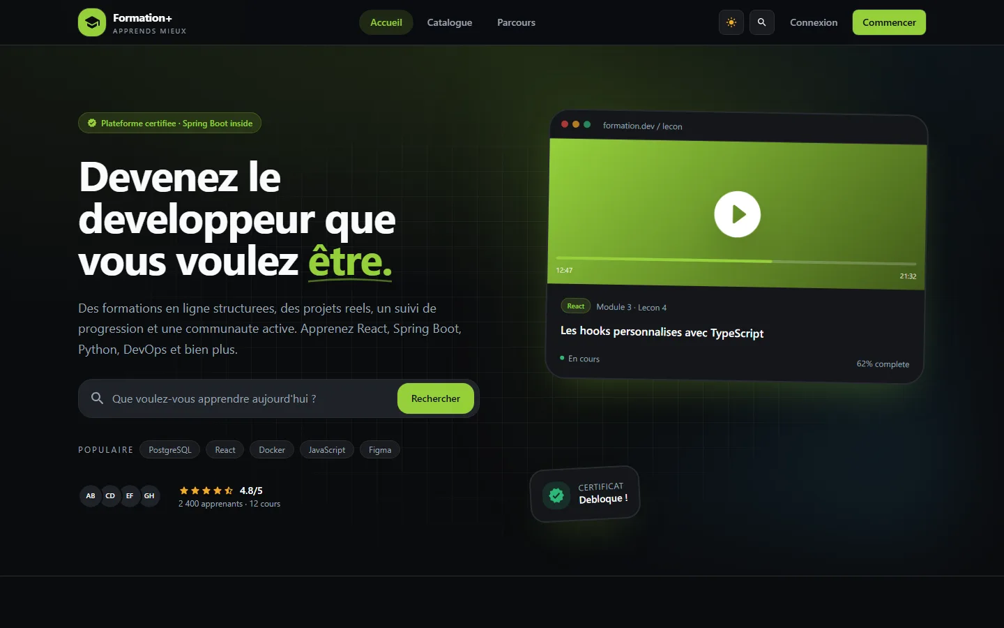 Page d'accueil de Formation+, plateforme de cours en ligne pour développeurs