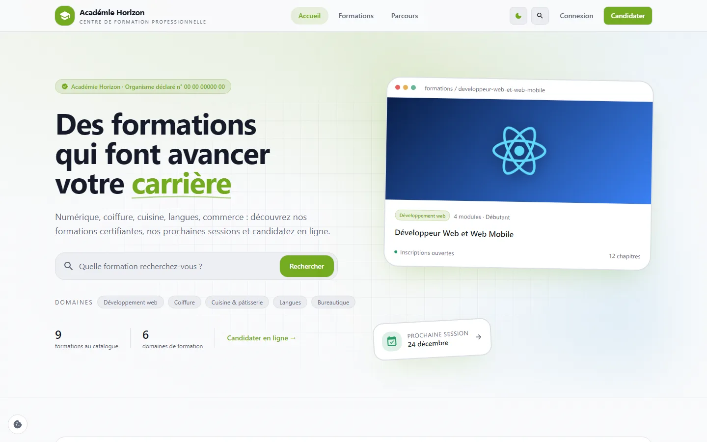Vitrine publique d'un centre de formation géré avec IntraForm
