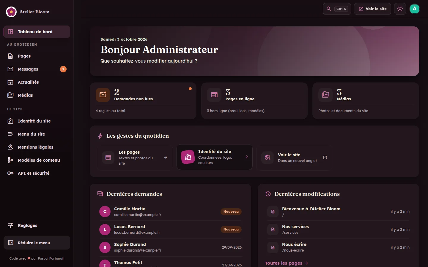 Administration Dashboard en thème sombre