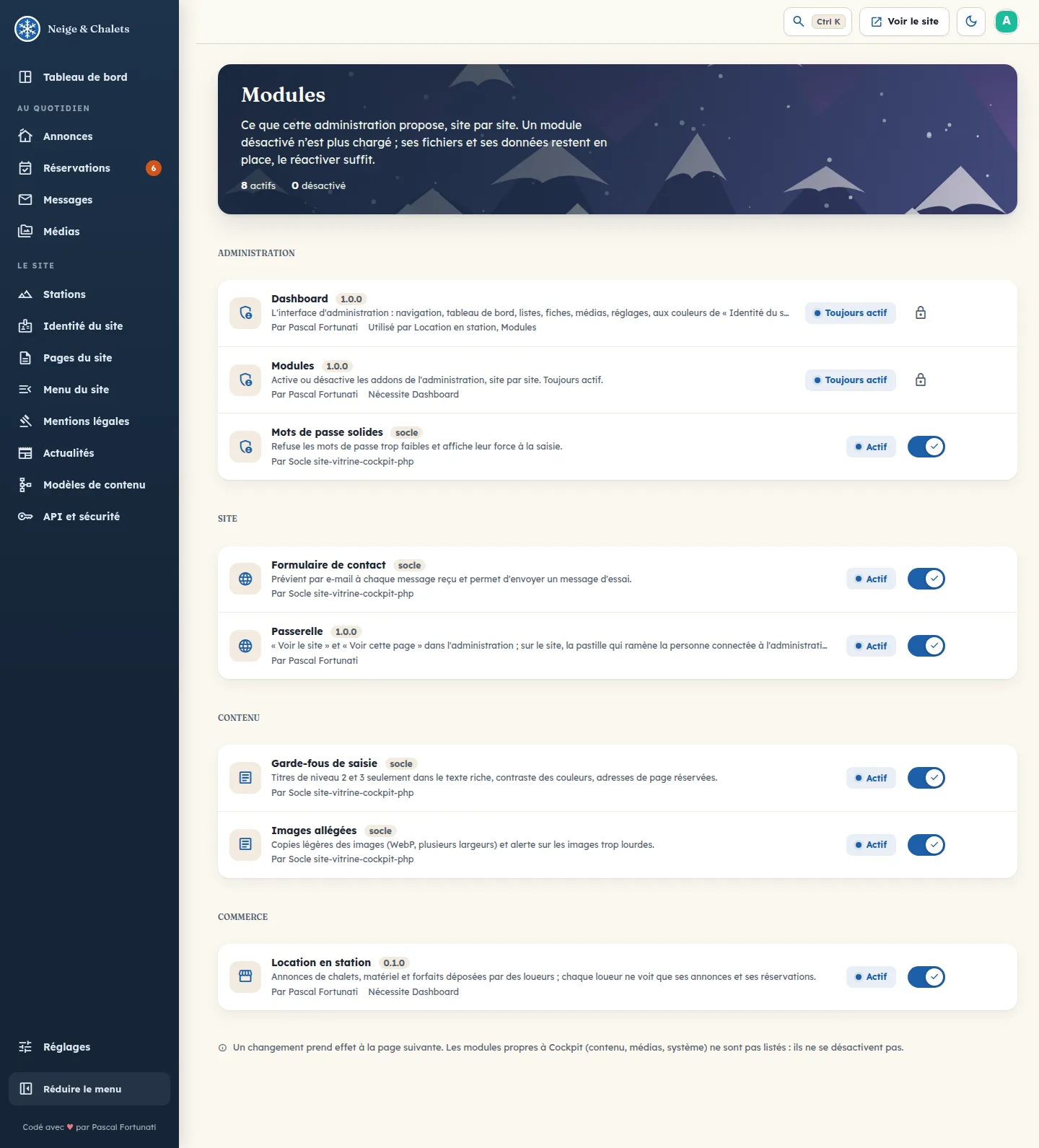 Réglages › Modules : activation des addons site par site