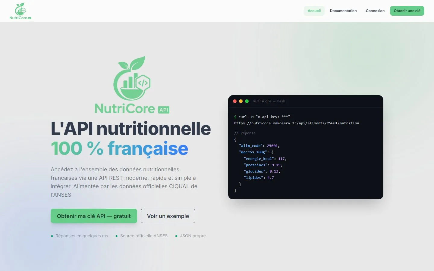 Page d'accueil de l'API NutriCore